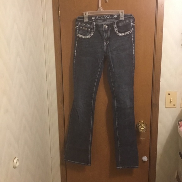 LA Idol Dark Wash Rhinestone Pocket Boot cut Jeans 7 - Picture 2 of 16